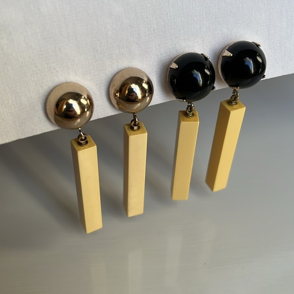 Vintage Bergere Long Dangle Cream Gold Black Rectangle Clip Earrings - Picture 1 of 10
